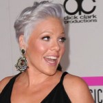 Pink with short gray hair